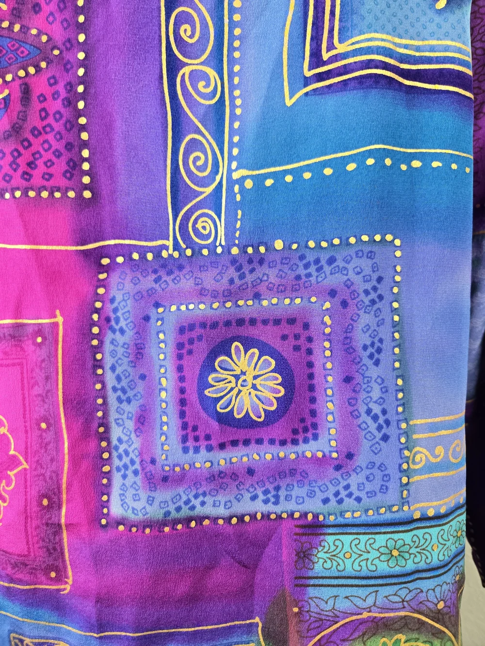 Vintage Diane Gilman 100% Silk Tunic M Jewel Tone Patchwork Art to Wear Y2K